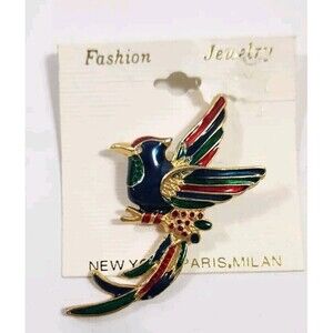 Vintage Enamel Metallic Gold Tone Parakeet Bird Brooch New York Paris Milan NEW
